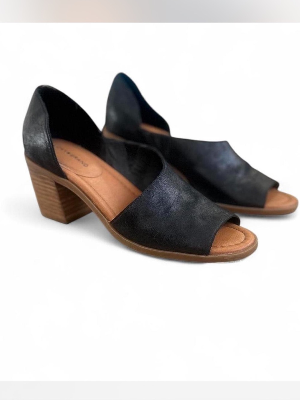 Lucky Brand Black Leather Peep Toe Block Heel Sandal Raheema Cut Out Size 8.5